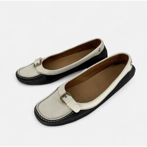 Prada Original Car Shoe 7.5 White Black Leather Loafer Gold Buckle Made In Italy